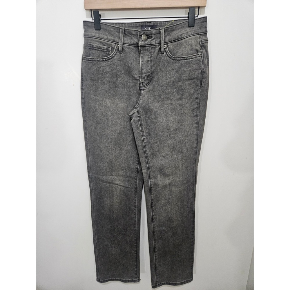 NYDJ Marilyn Straight Grey Acid Wash Jeans Lift Tuck Petite 4P Stretch Denim
